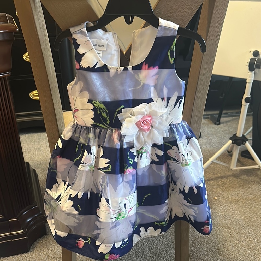 Bonnie Jean Blue Dress with Pink and White Floral Design
